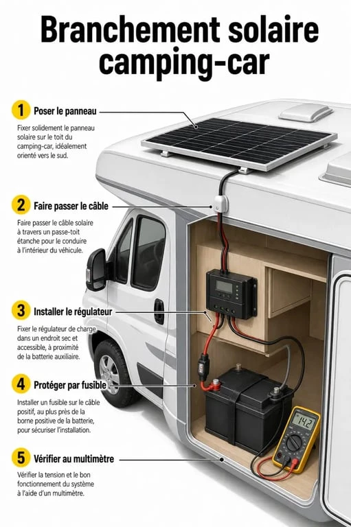 Branchement panneau solaire pour camping car en illustration séquentielle avec panneau, régulateur et batterie auxiliaire