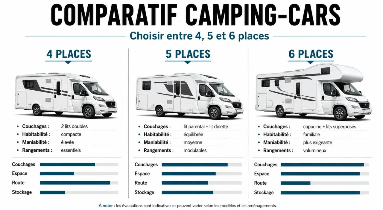 location camping car 5 places : comparaison visuelle entre 4, 5 et 6 places
