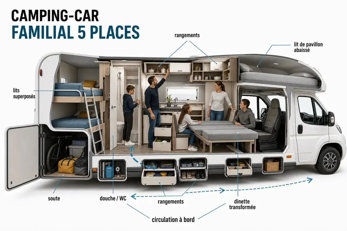 location camping car 5 places : intérieur familial avec lit de pavillon, lits superposés et dinette