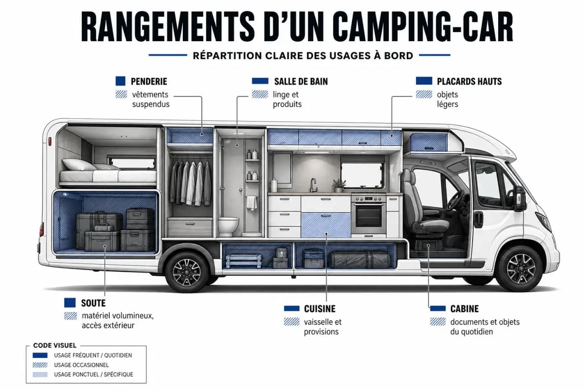 Astuce rangement pour camping car : schéma visuel des zones de rangement et des usages associés