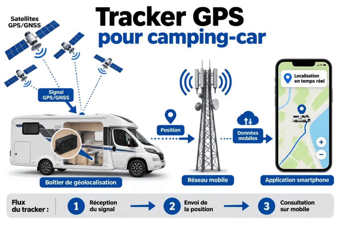 Schéma d’un tracker pour camping car reliant satellites GPS, réseau mobile et application mobile