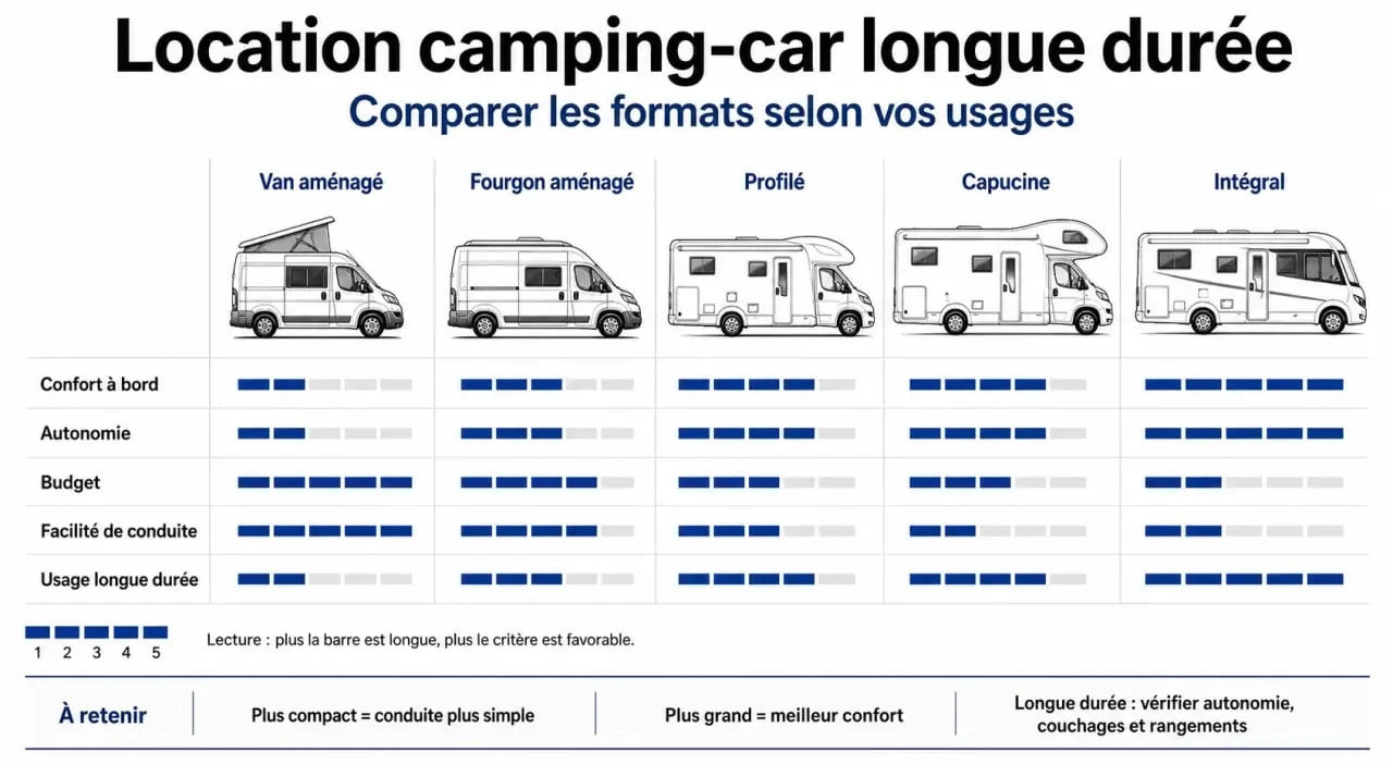 Infographie sur la location camping car longue durée : comparaison des véhicules et des critères de choix
