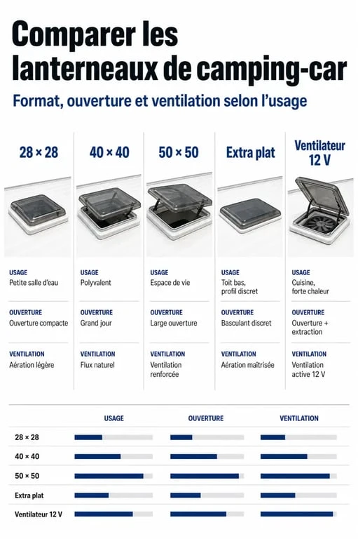 Comparaison de lanterneau pour camping car selon les formats et options