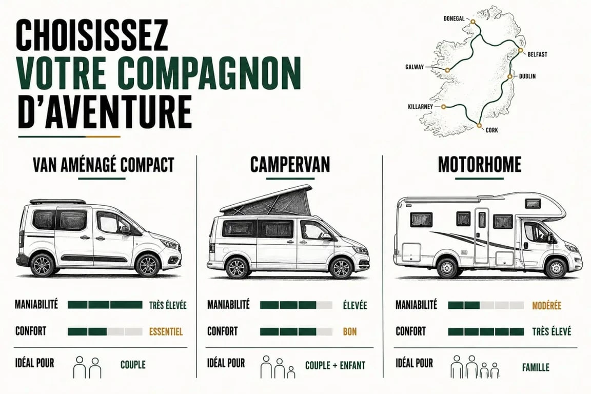 Location camping car Irlande : comparaison visuelle entre van aménagé, campervan et motorhome pour choisir le bon véhicule