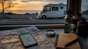 Carte et smartphone pour un voyage en camping car : stationnement sans camper avec un camping-car en arrière-plan